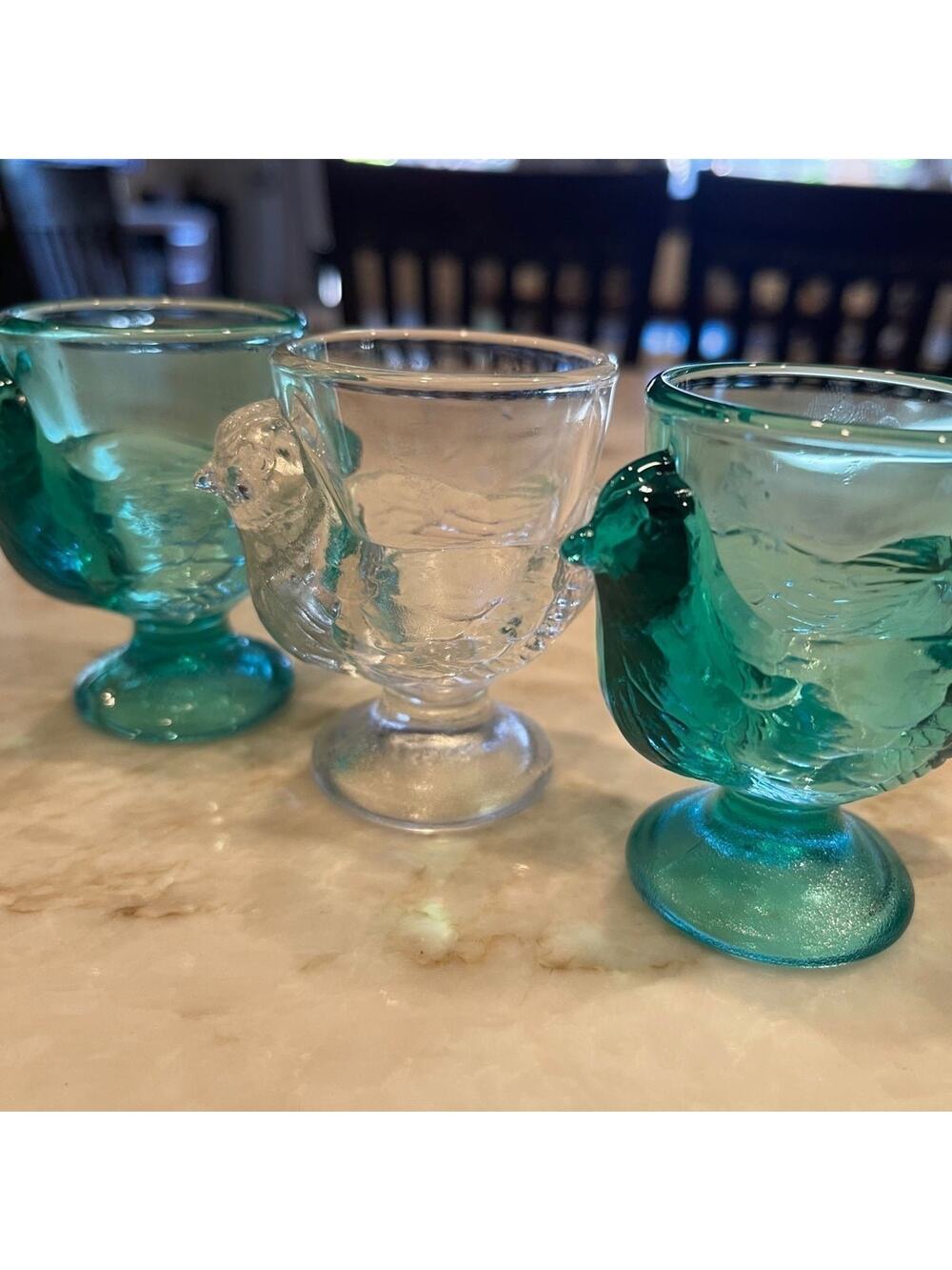 Vintage Arcoroc French teal and clear  Chicken egg cups x3